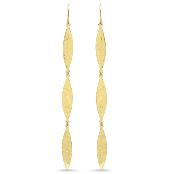 Jennifer Meyer 3 Hammered Marquise Earrings in 18K Yellow Gold | Fine Earrings | Coveti