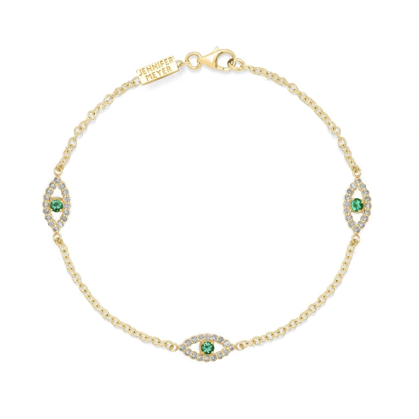 3 Mini Diamond and Emerald Open Evil Eye Bracelet in 18K Yellow Gold