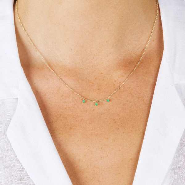Jennifer Meyer 3 Mini Emerald Bezel Dangle Necklace in 18K Yellow Gold | Fine Necklaces | Coveti