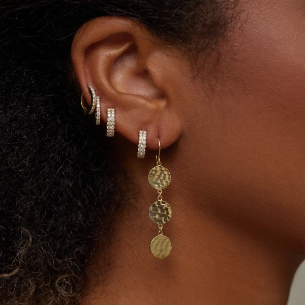 Jennifer Meyer 3 Mini Hammered Disc Earrings in 18K Yellow Gold | Fine Earrings | Coveti