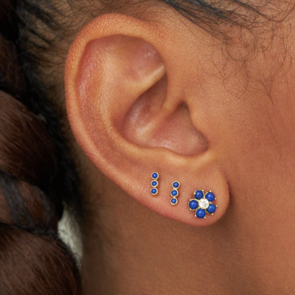 Jennifer Meyer 3 Mini Lapis Bezel Studs in 18K Yellow Gold | Fine Earrings | Coveti