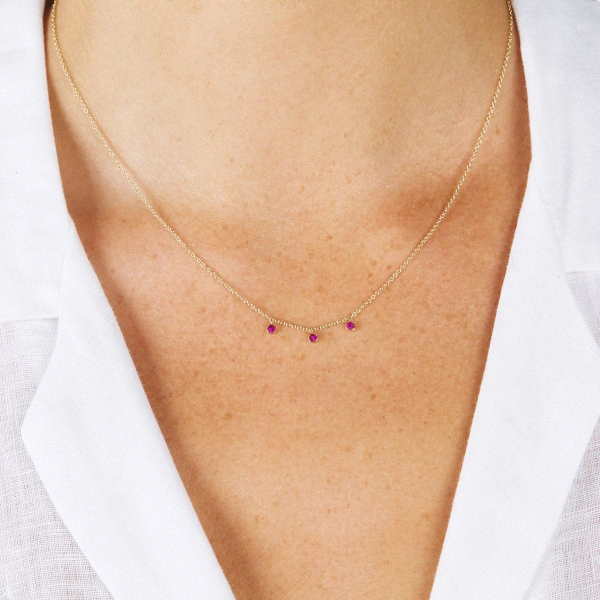 Jennifer Meyer 3 Mini Ruby Bezel Dangle Necklace in 18K Yellow Gold | Fine Necklaces | Coveti