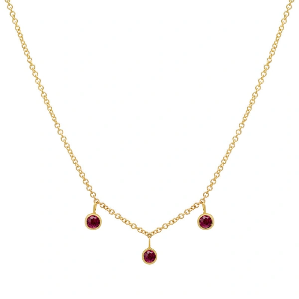 Jennifer Meyer 3 Mini Ruby Bezel Dangle Necklace in 18K Yellow Gold | Fine Necklaces | Coveti