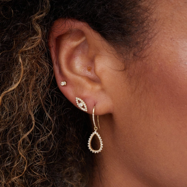 Jennifer Meyer 3 Prong Diamond Mini Open Teardrop Earrings in 18K Yellow Gold | Fine Earrings | Coveti