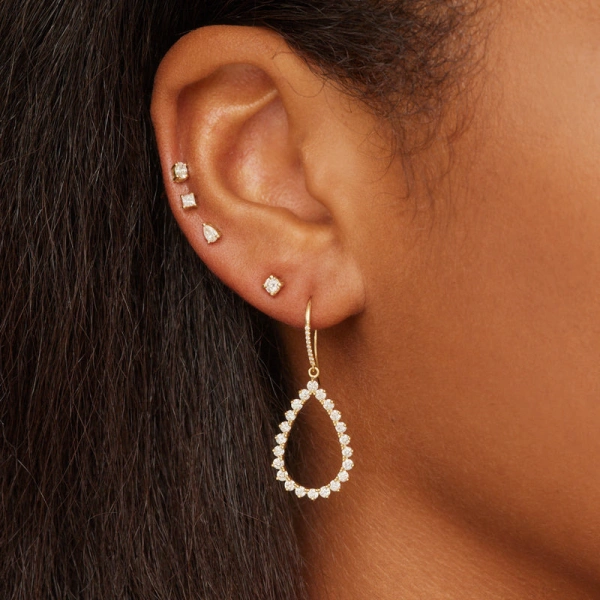 Jennifer Meyer 3 Prong Diamond Open Teardrop Earrings in 18K Yellow Gold | Fine Earrings | Coveti