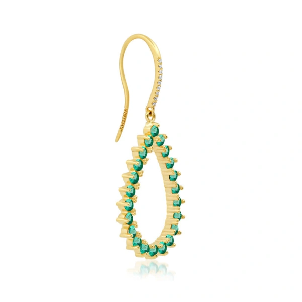 Jennifer Meyer 3 Prong Emerald Open Teardrop Earrings in 18K Yellow Gold | Fine Earrings | Coveti