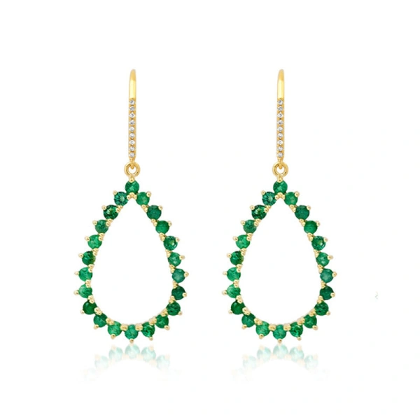 Jennifer Meyer 3 Prong Emerald Open Teardrop Earrings in 18K Yellow Gold | Fine Earrings | Coveti
