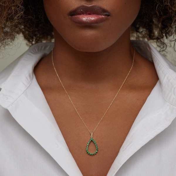 Jennifer Meyer 3 Prong Emerald Open Teardrop Necklace in 18K Yellow Gold | Fine Necklaces | Coveti