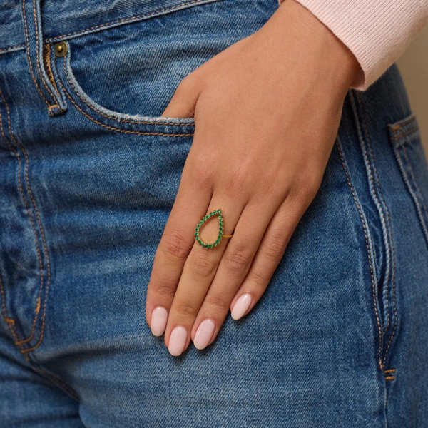 Jennifer Meyer 3 Prong Emerald Open Teardrop Ring in 18K Yellow Gold | Fine Rings | Coveti