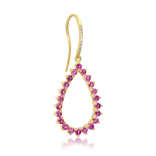 Jennifer Meyer 3 Prong Pink Sapphire Open Teardrop Earrings in 18K Yellow Gold | Fine Earrings | Coveti