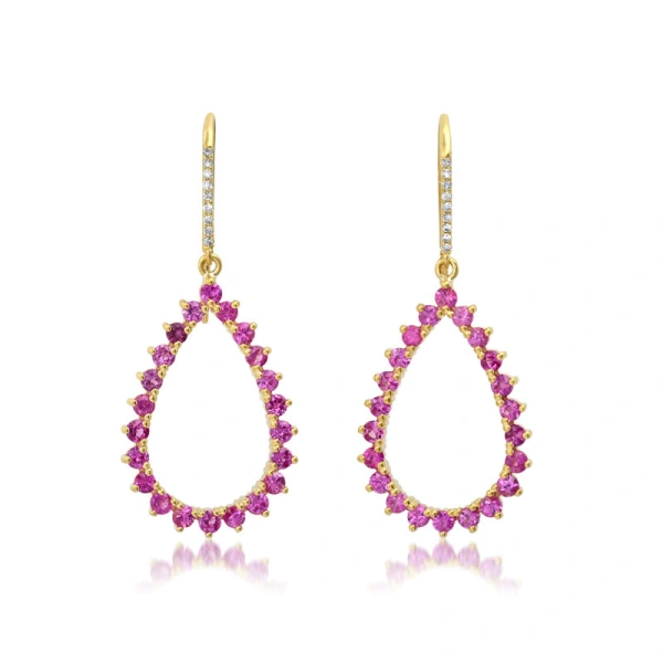 Jennifer Meyer 3 Prong Pink Sapphire Open Teardrop Earrings in 18K Yellow Gold | Fine Earrings | Coveti