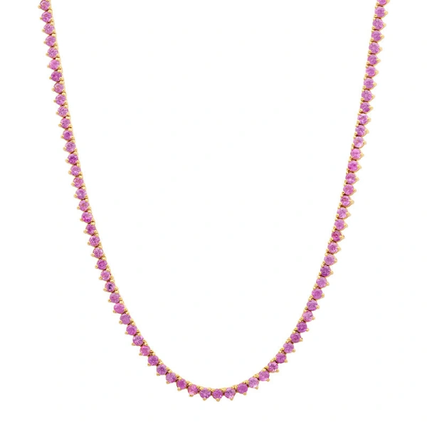 Jennifer Meyer 3 Prong Pink Sapphire Tennis Necklace in 18K Yellow Gold | Fine Necklaces | Coveti