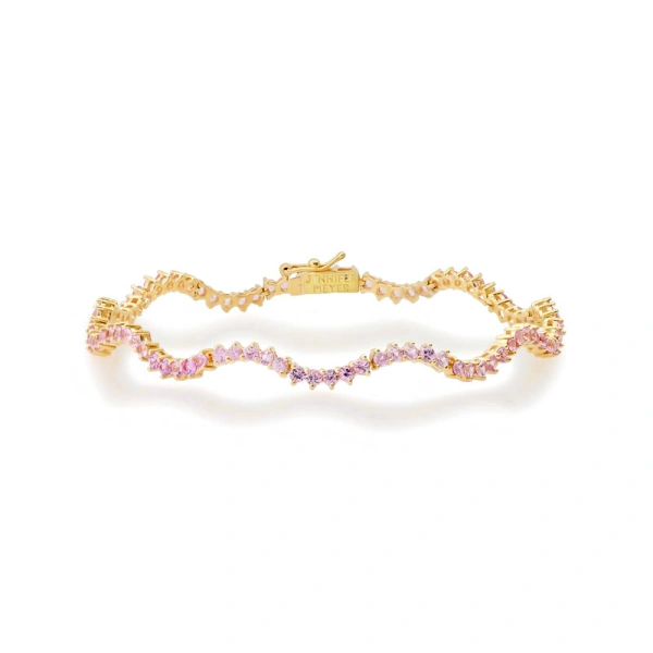Jennifer Meyer 3 Prong Pink Sapphire Wave Tennis Bracelet in 18K Yellow Gold | Fine Bracelets | Coveti