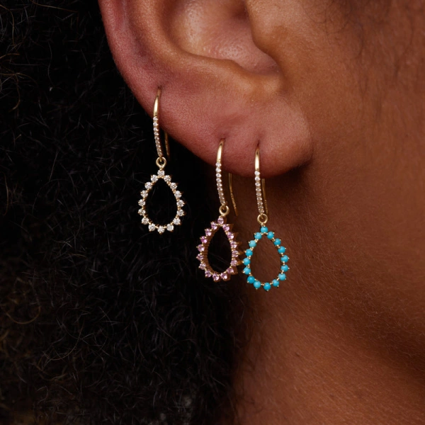 Jennifer Meyer 3 Prong Turquoise Mini Open Teardrop Earrings in 18K Yellow Gold | Fine Earrings | Coveti