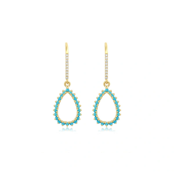 Jennifer Meyer 3 Prong Turquoise Mini Open Teardrop Earrings in 18K Yellow Gold | Fine Earrings | Coveti