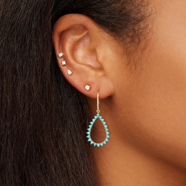 Jennifer Meyer 3 Prong Turquoise Open Teardrop Earrings in 18K Yellow Gold | Fine Earrings | Coveti