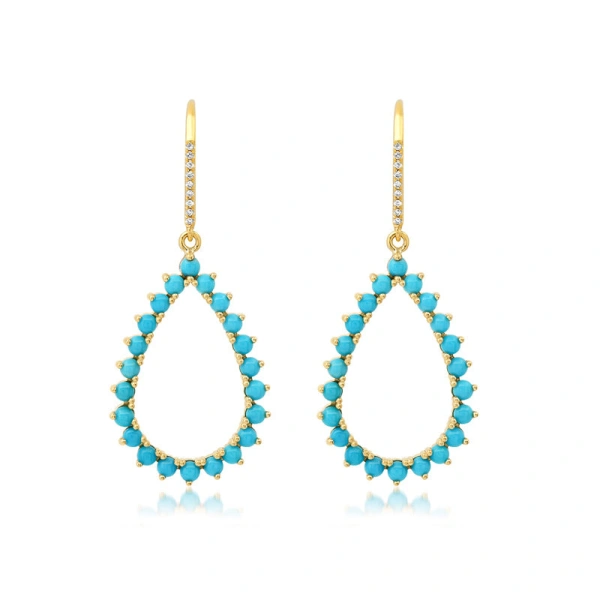 Jennifer Meyer 3 Prong Turquoise Open Teardrop Earrings in 18K Yellow Gold | Fine Earrings | Coveti