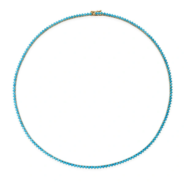 Jennifer Meyer 3 Prong Turquoise Tennis Necklace in 18K Yellow Gold | Fine Necklaces | Coveti