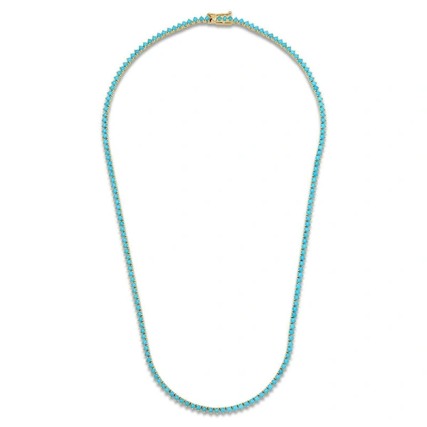 Jennifer Meyer 3 Prong Turquoise Tennis Necklace in 18K Yellow Gold | Fine Necklaces | Coveti