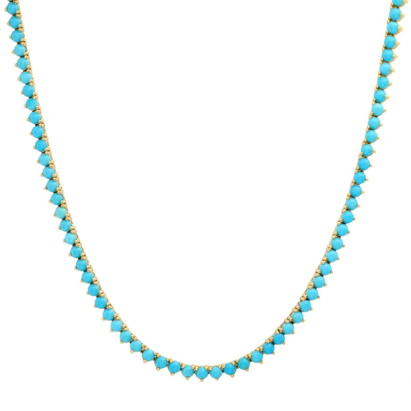 Jennifer Meyer 3 Prong Turquoise Tennis Necklace in 18K Yellow Gold | Fine Necklaces | Coveti