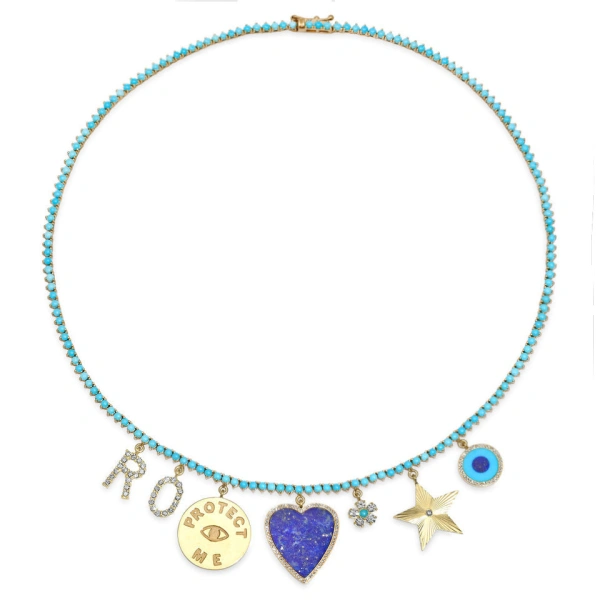 Jennifer Meyer 3 Prong Turquoise Tennis Necklace with Custom Charms in 18K Yellow Gold | Fine Necklaces | Coveti