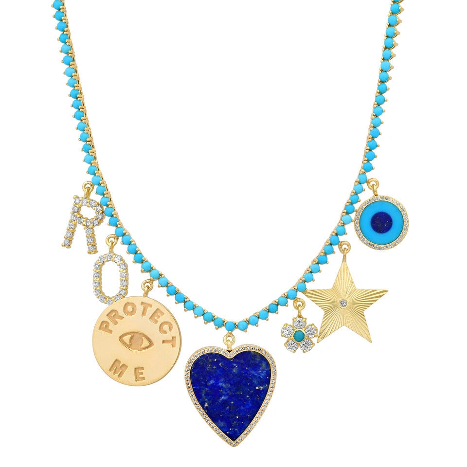 Jennifer Meyer 3 Prong Turquoise Tennis Necklace with Custom Charms in 18K Yellow Gold Jennifer Meyer 3 Prong Turquoise Tennis Necklace with Custom Charms in 18K Yellow Gold | Fine Necklaces | Coveti