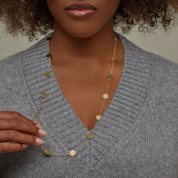 Jennifer Meyer 30 Inch Mini Hammered Disc by the Inch Necklace in 18K Yellow Gold | Fine Necklaces | Coveti