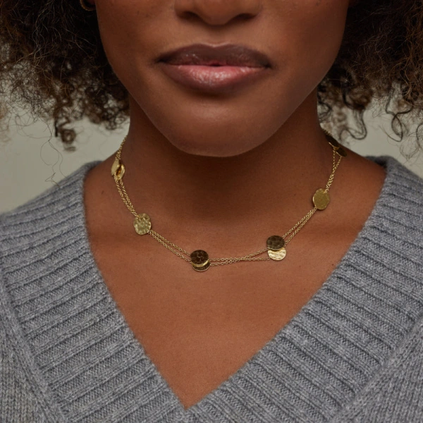 Jennifer Meyer 30 Inch Mini Hammered Disc by the Inch Necklace in 18K Yellow Gold | Fine Necklaces | Coveti