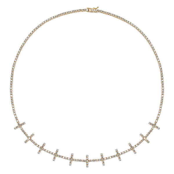 Jennifer Meyer 4 Prong Diamond Cross Bar Tennis Necklace in 18K Yellow Gold | Fine Necklaces | Coveti