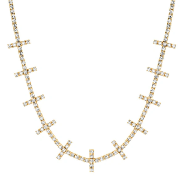 Jennifer Meyer 4 Prong Diamond Cross Bar Tennis Necklace in 18K Yellow Gold | Fine Necklaces | Coveti