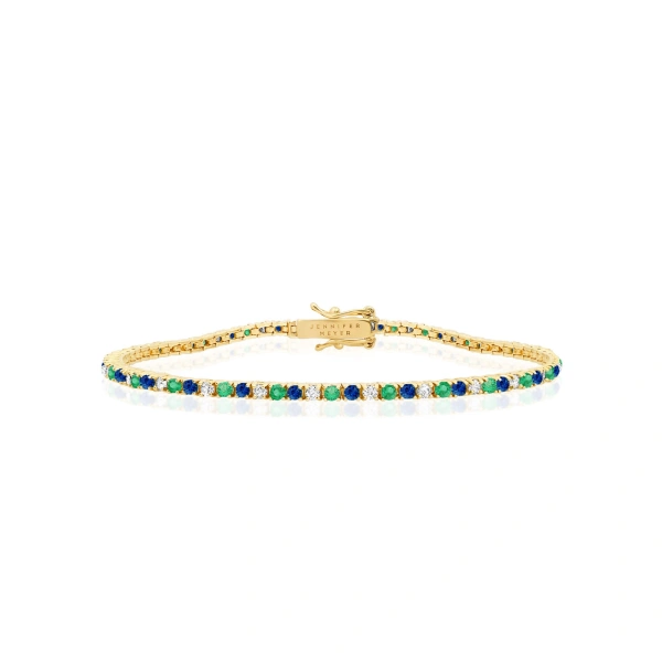 Jennifer Meyer 4 Prong Diamond, Emerald, and Sapphire Tennis Bracelet in 18K Yellow Gold | Fine Bracelets | Coveti