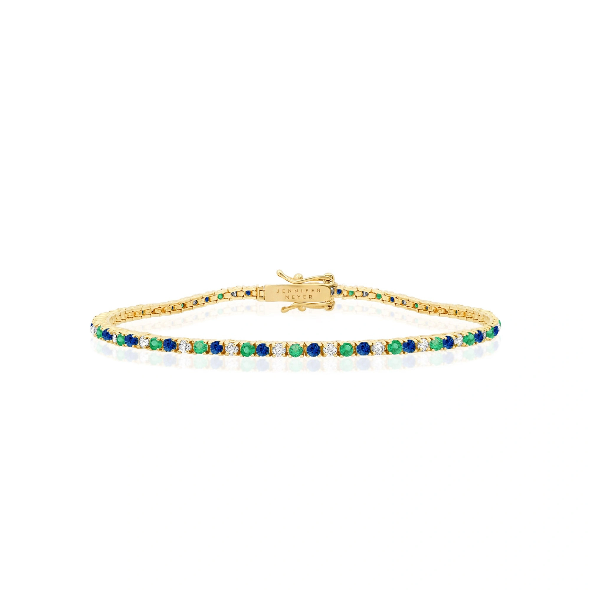 Jennifer Meyer 4 Prong Diamond, Emerald, and Sapphire Tennis Bracelet in 18K Yellow Gold Jennifer Meyer 4 Prong Diamond, Emerald, and Sapphire Tennis Bracelet in 18K Yellow Gold | Fine Bracelets | Coveti