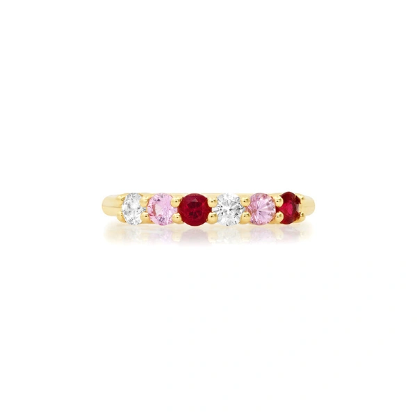 Jennifer Meyer 4 Prong Diamond, Pink Sapphire, and Ruby Ring in 18K Yellow Gold | Fine Rings | Coveti