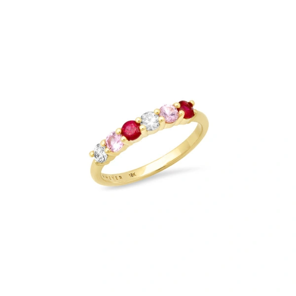 Jennifer Meyer 4 Prong Diamond, Pink Sapphire, and Ruby Ring in 18K Yellow Gold | Fine Rings | Coveti