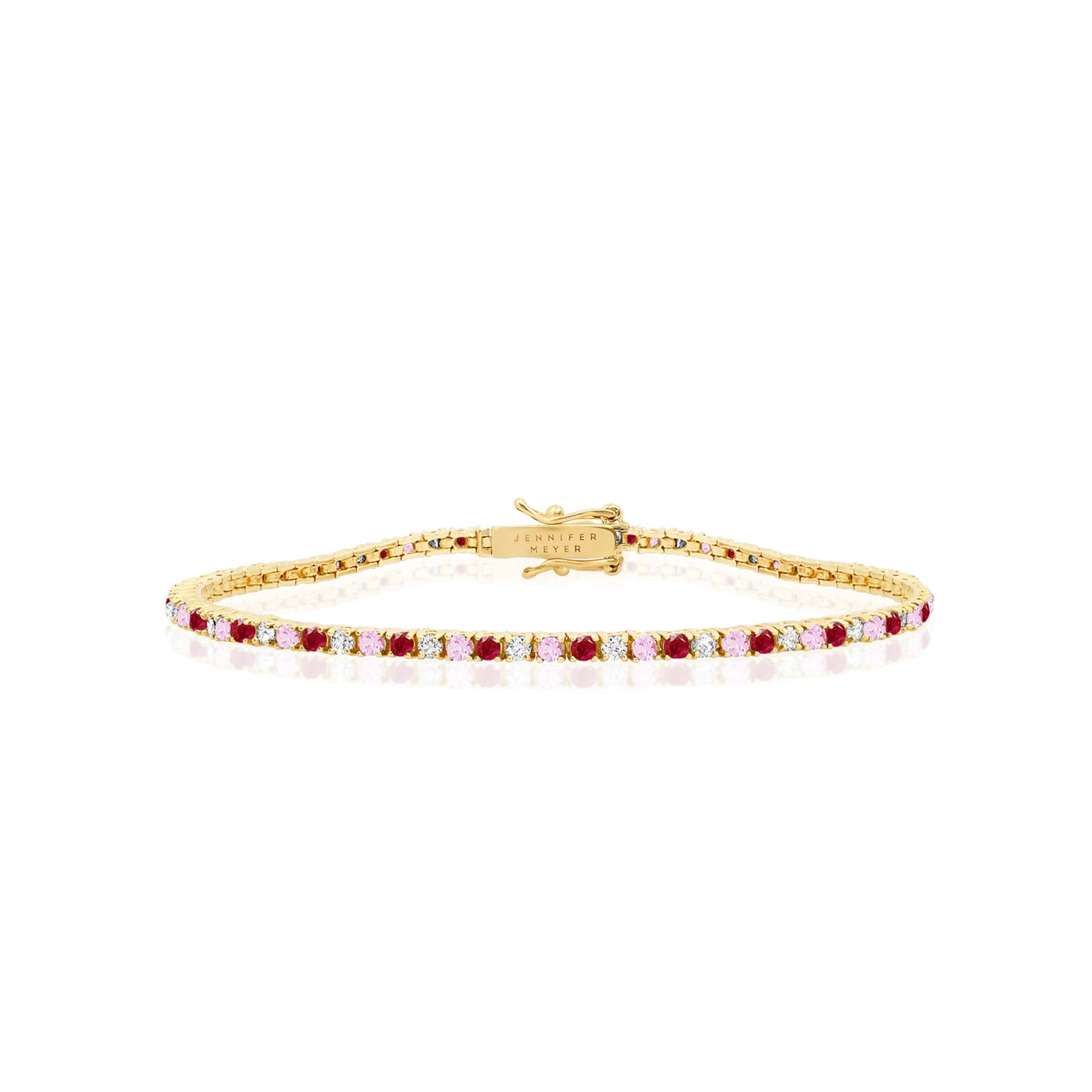 Jennifer Meyer 4 Prong Diamond, Pink Sapphire, and Ruby Tennis Bracelet in 18K Yellow Gold Jennifer Meyer 4 Prong Diamond, Pink Sapphire, and Ruby Tennis Bracelet in 18K Yellow Gold | Fine Bracelets | Coveti