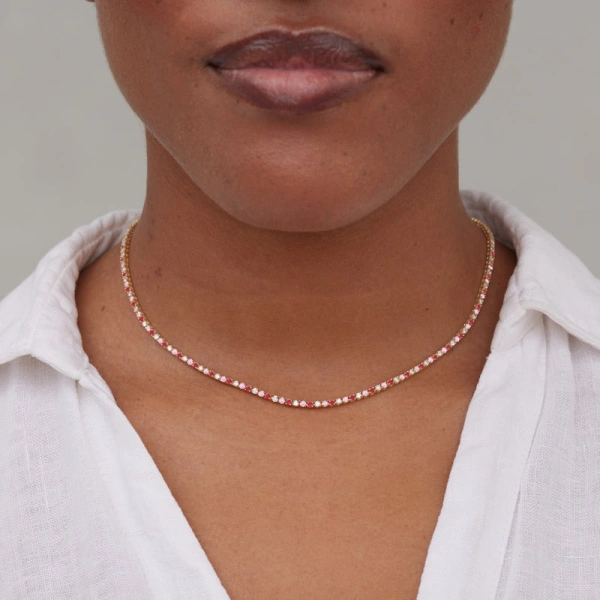 Jennifer Meyer 4 Prong Diamond, Pink Sapphire, and Ruby Tennis Necklace in 18K Yellow Gold | Fine Necklaces | Coveti