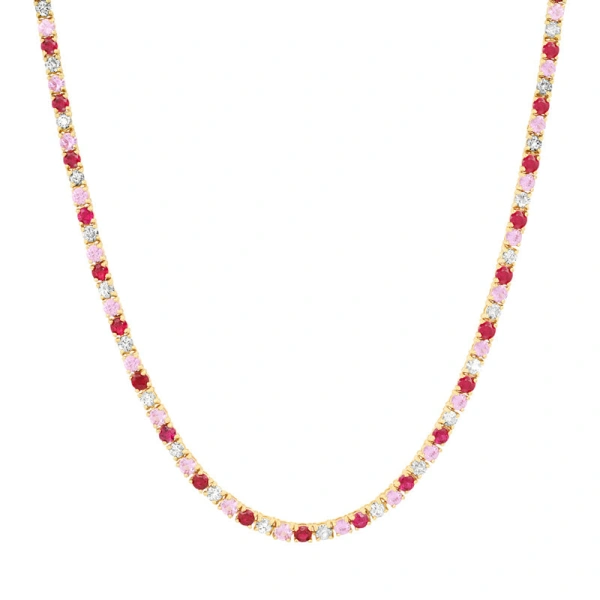 Jennifer Meyer 4 Prong Diamond, Pink Sapphire, and Ruby Tennis Necklace in 18K Yellow Gold | Fine Necklaces | Coveti