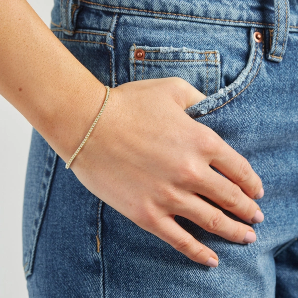 Jennifer Meyer 4 Prong Diamond Tennis Bracelet in 18K Yellow Gold | Fine Bracelets | Coveti