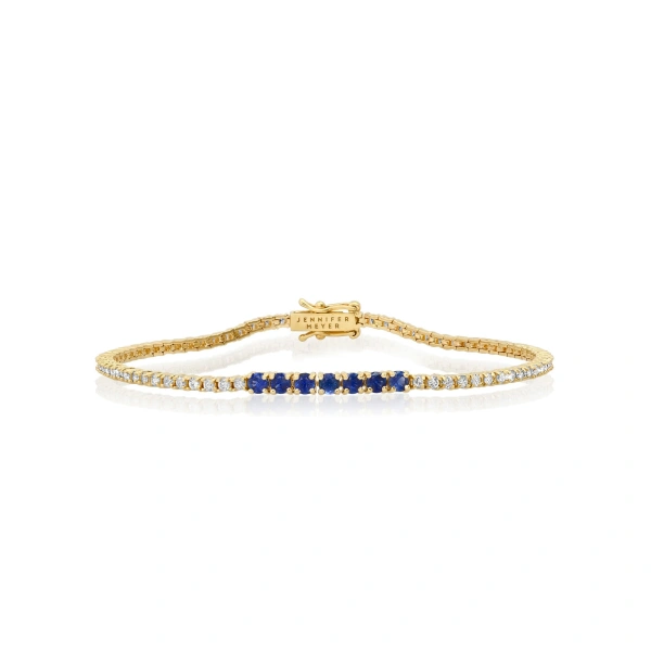 Jennifer Meyer 4 Prong Diamond Tennis Bracelet with Large Blue Sapphire Accent in 18K Yellow Gold | Fine Bracelets | Coveti
