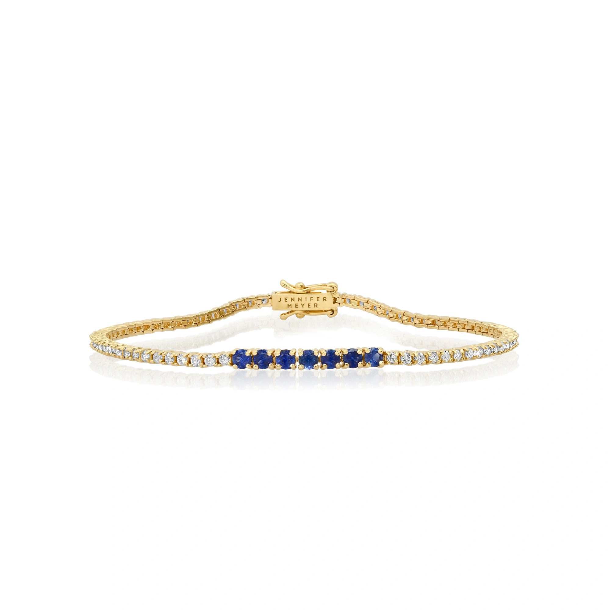 Jennifer Meyer 4 Prong Diamond Tennis Bracelet with Large Blue Sapphire Accent in 18K Yellow Gold Jennifer Meyer 4 Prong Diamond Tennis Bracelet with Large Blue Sapphire Accent in 18K Yellow Gold | Fine Bracelets | Coveti