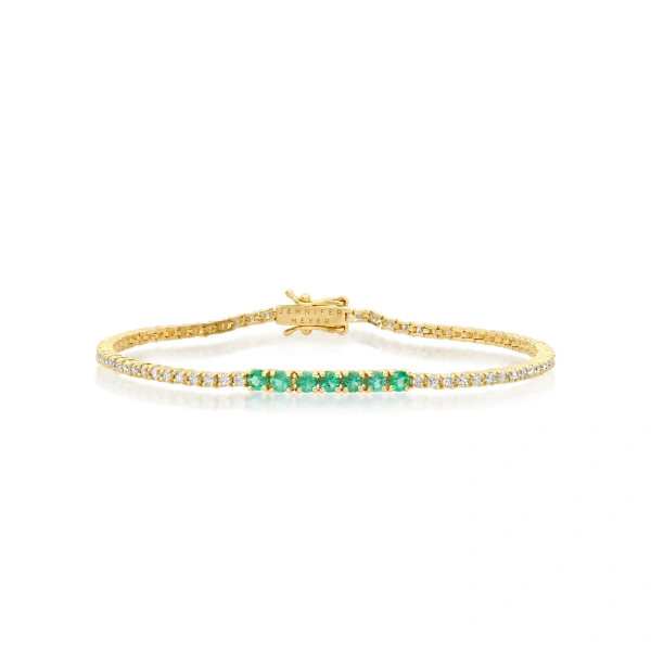 Jennifer Meyer 4 Prong Diamond Tennis Bracelet with Large Emerald Accent in 18K Yellow Gold | Fine Bracelets | Coveti