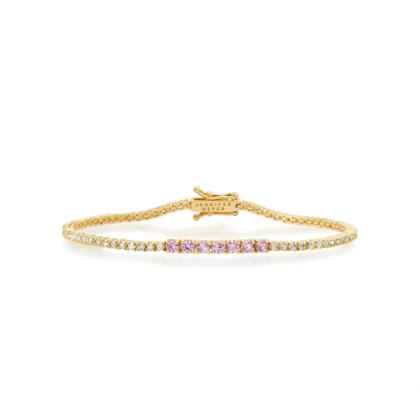 Jennifer Meyer 4 Prong Diamond Tennis Bracelet with Large Pink Sapphire Accent in 18K Yellow Gold | Fine Bracelets | Coveti