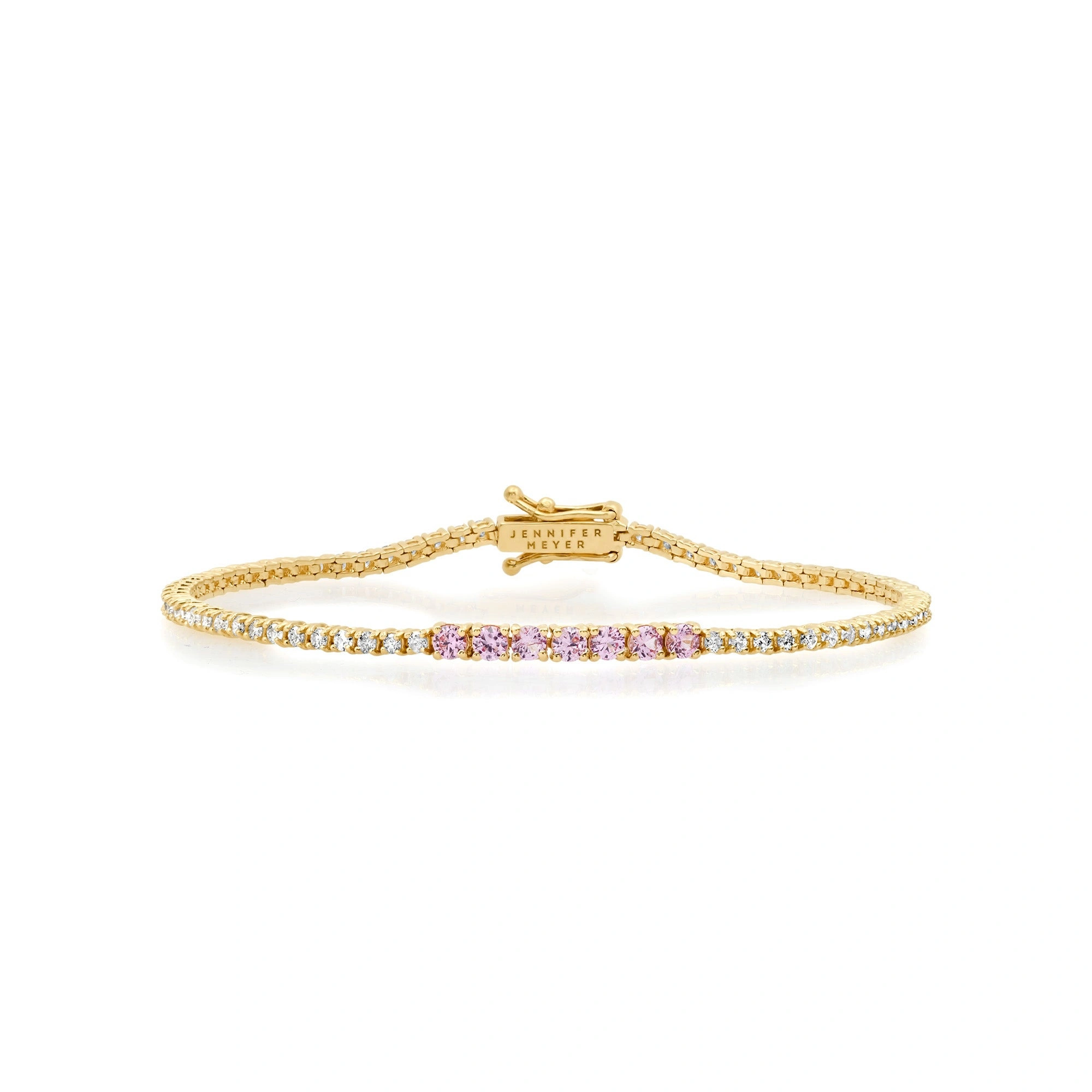 Jennifer Meyer 4 Prong Diamond Tennis Bracelet with Large Pink Sapphire Accent in 18K Yellow Gold Jennifer Meyer 4 Prong Diamond Tennis Bracelet with Large Pink Sapphire Accent in 18K Yellow Gold | Fine Bracelets | Coveti