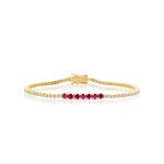 Jennifer Meyer 4 Prong Diamond Tennis Bracelet with Large Ruby Accent in 18K Yellow Gold | Fine Bracelets | Coveti
