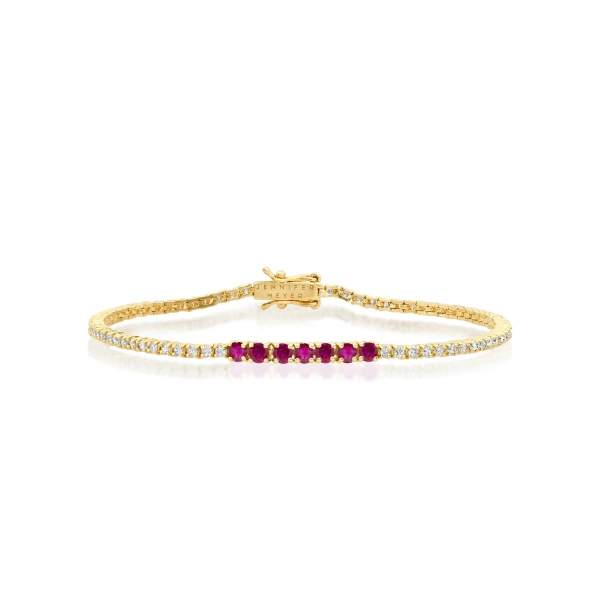 Jennifer Meyer 4 Prong Diamond Tennis Bracelet with Large Ruby Accent in 18K Yellow Gold | Fine Bracelets | Coveti