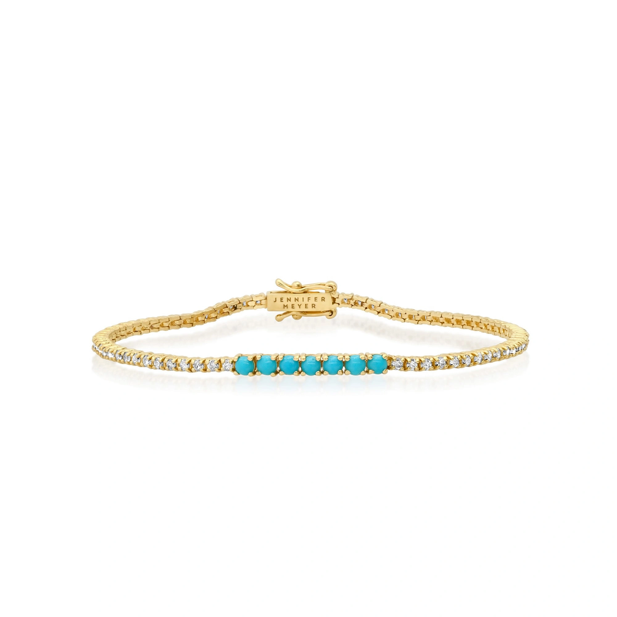 Jennifer Meyer 4 Prong Diamond Tennis Bracelet with Large Turquoise Accent in 18K Yellow Gold Jennifer Meyer 4 Prong Diamond Tennis Bracelet with Large Turquoise Accent in 18K Yellow Gold | Fine Bracelets | Coveti