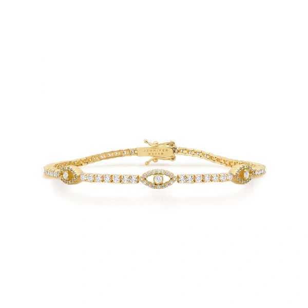 Jennifer Meyer 4 Prong Diamond Tennis Bracelet with Mini Open Evil Eye Accents in 18K Yellow Gold | Fine Bracelets | Coveti