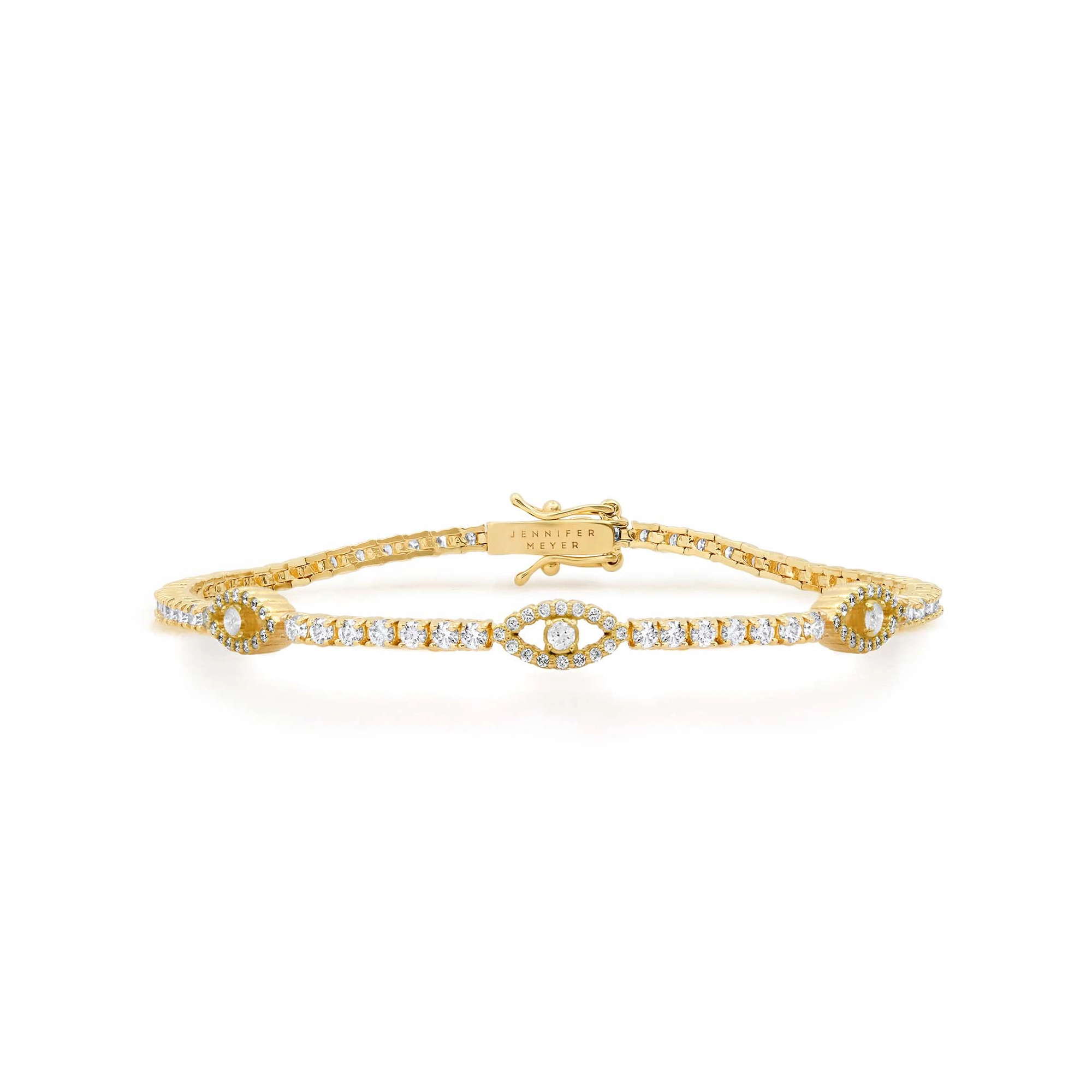 Jennifer Meyer 4 Prong Diamond Tennis Bracelet with Mini Open Evil Eye Accents in 18K Yellow Gold Jennifer Meyer 4 Prong Diamond Tennis Bracelet with Mini Open Evil Eye Accents in 18K Yellow Gold | Fine Bracelets | Coveti