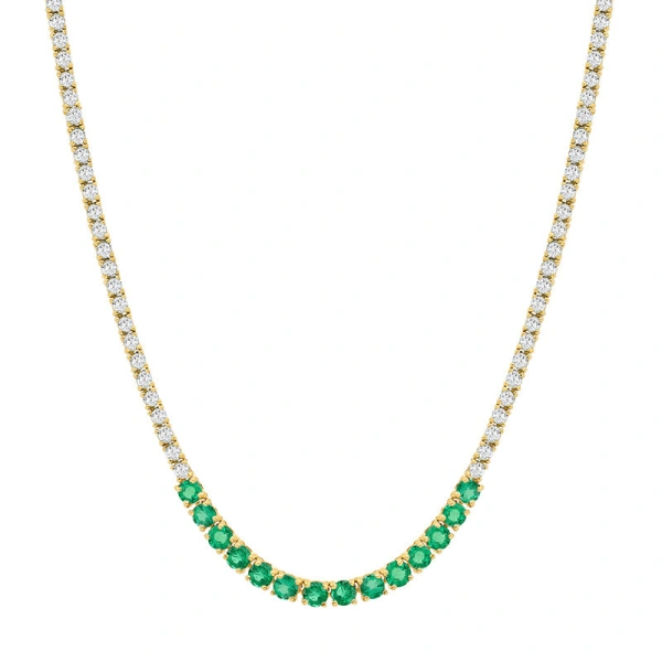 Jennifer Meyer 4 Prong Diamond Tennis Necklace with Large 4 Prong Emerald Accent in 18K Yellow Gold | Fine Necklaces | Coveti