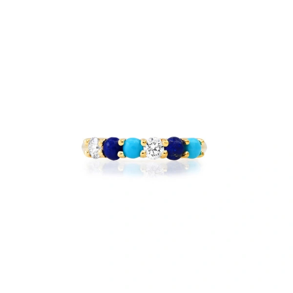 Jennifer Meyer 4 Prong Diamond, Turquoise, and Lapis Ring in 18K Yellow Gold | Fine Rings | Coveti